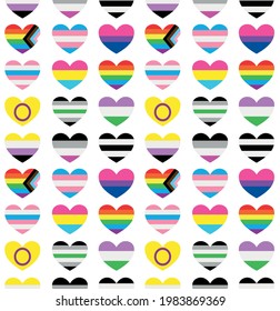 Vector seamless pattern of Gender Sexual orientation lgbt flag heart isolated on white background. Lgbtq+ transgender, gay, lesbian, bisexual, bigender, travesti, genderqueer, androgyne, asexual