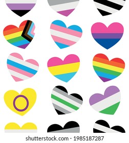 Vector seamless pattern of Gender Sexual orientation lgbt flag heart isolated on white background. Lgbtq+ transgender, gay, lesbian, bisexual, bigender, travesti, genderqueer, androgyne, asexual