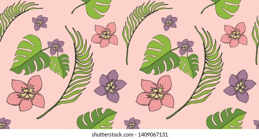 Vector seamless pattern "Gentle exotics of summer". Exotic flowers, leaves on a pink background. For factories, cover, design, background, textile, print, decoration.