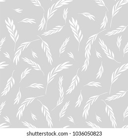 Vector seamless pattern. Gentle Natural Floral stylish background with graphic leaves and twigs. White branches of leaves on light-gray background. Repeating trendy print for print and cloth