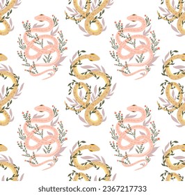 Vector seamless pattern with gentle snakes and herbs. Animalistic texture with pink and yellow serpents, stems and foliage on a white background for wrapping paper and wallpapers. Fabric with pythons