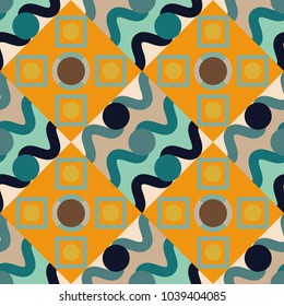 Vector seamless pattern. Seamless geometric pattern. Geometric background with rhombus, dots and nodes. Beige, blue and yellow background. Abstract geometric pattern. Colorful texture.