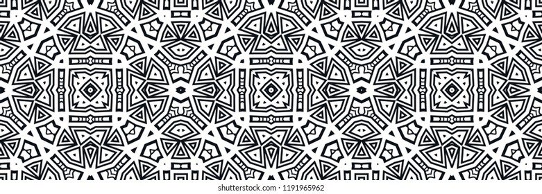 Vector seamless pattern, geometric background. Black and white ornament, border design. Tribal ethnic monochrome texture. Abstract linear background, mandala motifs