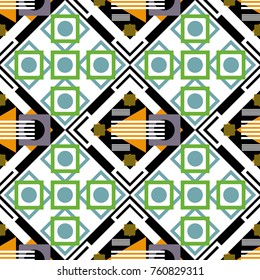 Vector seamless pattern. Seamless geometric pattern. Geometric background with rhombus, dots and nodes. Abstract geometric pattern. Colorful texture. Black, green and white background.