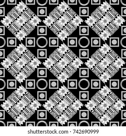 Vector seamless pattern. Seamless geometric pattern. Black, white and gray background. Geometric background with rhombus, dots and nodes. Colorful texture. Abstract geometric pattern.