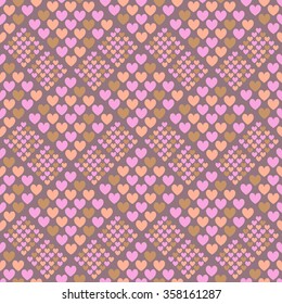 Vector seamless pattern. Geometric blocks of hearts. Great for Valentine's Day. Textile background. Random colored hearts.