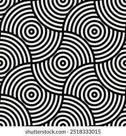 Vector seamless pattern. Geometric bold striped circles. Stylish monochrome background. Simple repeating swatch. Monochrome black ornament with concentric elements.