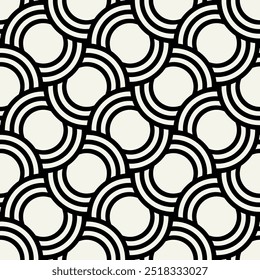 Vector seamless pattern. Geometric bold striped circles. Stylish monochrome background. Simple repeating swatch. Monochrome black ornament with concentric elements.