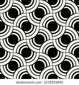 Vector seamless pattern. Geometric bold striped circles. Stylish monochrome background. Simple repeating swatch. Monochrome black ornament with concentric elements.