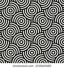 Vector seamless pattern. Geometric bold striped circles. Stylish monochrome background. Simple repeating swatch. Monochrome black ornament with concentric elements.