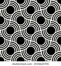 Vector seamless pattern. Geometric bold striped circles. Stylish monochrome background. Simple repeating swatch. Monochrome black ornament with concentric elements.
