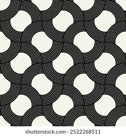 Vector seamless pattern. Geometric bold striped circles. Stylish monochrome background. Simple repeating swatch. Monochrome black ornament with concentric elements.