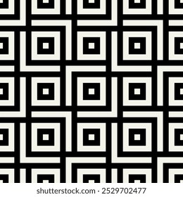 Padrão sem emenda do vetor. Quadrados geométricos listrados em negrito. Fundo monocromático elegante. Amostra de repetição simples. Ornamento preto monocromático.