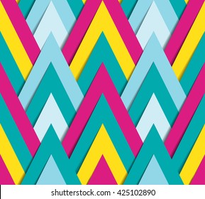 Vector seamless pattern - geometric bright background made of paper triangles with shadow in funky style of 70s
