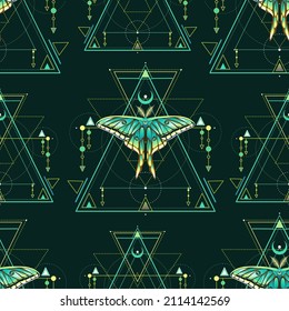 Vector seamless pattern with geometric butterflies on dark background. Perfect for textile, wallpaper or print design.