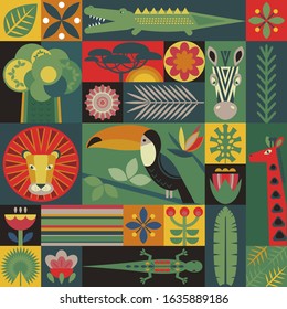 Vector seamless pattern with geometric cartoon African animals, jungle plants and trees. Patchwork mosaic design. Colorful endless background. Illustration for cards, textile, children room decoration
