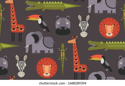 Vector seamless pattern with geometric cartoon African animals. Colorful endless background. Illustration for cards, textile, baby shower, preschool and children room decoration