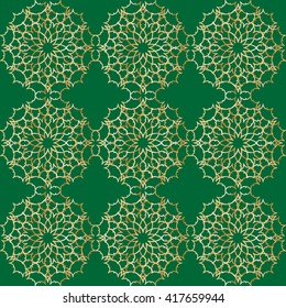 Vector seamless pattern with geometric pattern of circular gold elements for use in textile design or festive package