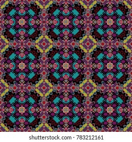 Vector seamless pattern. Seamless geometric pattern. Colorful texture. Abstract geometric pattern. Black, purple and blue background. Geometric background with rhombus, dots and nodes.