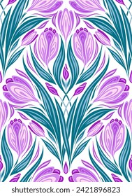 Vector seamless pattern with geometric crocuses. Surface design with decorative spring flowers on white background. Texture with floral symmetrical bouquet in tile for wallpaper, wrapping paper