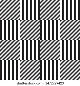 Vector seamless pattern. Geometric element, design template with striped black white diagonal and vertical lines. Background, texture with optical illusion. Stylish print for textile, fabric.