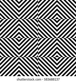 Vector seamless pattern. Geometric element, design template with striped black white diagonal inclined lines. Background, texture with optical illusion. Stylish tiles of textile, fabric, print, badge