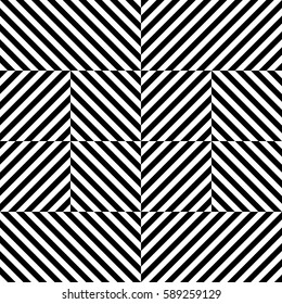 Vector seamless pattern. Geometric element, design template with striped black white diagonal inclined lines. Background, texture with optical illusion. Stylish tiles of textile, fabric, print, badge