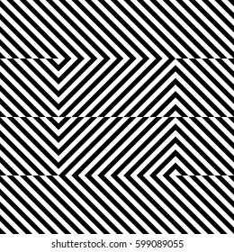 Vector seamless pattern. Geometric element, design template with striped black white diagonal inclined lines. Background, texture with optical illusion. Stylish tiles of textile, fabric, print, badge