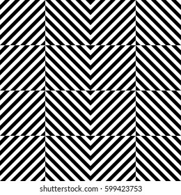 Vector seamless pattern. Geometric element, design template with striped black white diagonal inclined lines. Background, texture with optical illusion. Stylish tiles of textile, fabric, print, badge