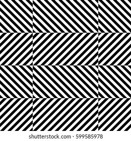 Vector seamless pattern. Geometric element, design template with striped black white diagonal inclined lines. Background, texture with optical illusion. Stylish tiles of textile, fabric, print, badge