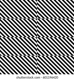 Vector seamless pattern. Geometric element, design template with striped black white diagonal inclined lines. Background, texture with optical illusion. Stylish tiles of textile, fabric, print, badge