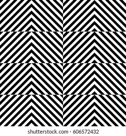 Vector seamless pattern. Geometric element, design template with striped black white diagonal inclined lines. Background, texture with optical illusion. Stylish tiles of textile, fabric, print, badge