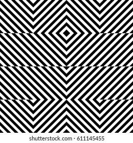 Vector seamless pattern. Geometric element, design template with striped black white diagonal inclined lines. Background, texture with optical illusion. Stylish tiles of textile, fabric, print, badge