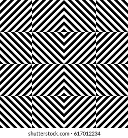 Vector seamless pattern. Geometric element, design template with striped black white diagonal inclined lines. Background, texture with optical illusion. Stylish tiles of textile, fabric, print, badge