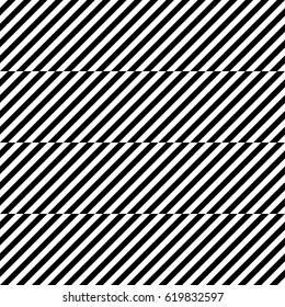 Vector seamless pattern. Geometric element, design template with striped black white diagonal inclined lines. Background, texture with optical illusion. Stylish tiles of textile, fabric, print, badge