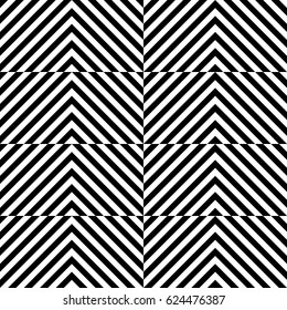 Vector seamless pattern. Geometric element, design template with striped black white diagonal inclined lines. Background, texture with optical illusion. Stylish tiles of textile, fabric, print, badge
