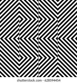Vector seamless pattern. Geometric element, design template with striped black white diagonal inclined lines. Background, texture with optical illusion. Stylish tiles of textile, fabric, print, badge