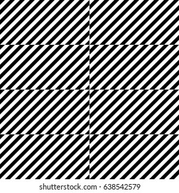 Vector seamless pattern. Geometric element, design template with striped black white diagonal inclined lines. Background, texture with optical illusion. Stylish tiles of textile, fabric, print, badge