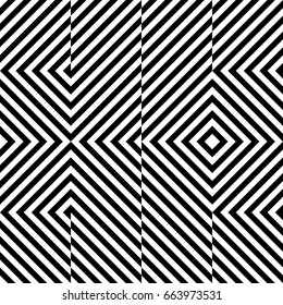 Vector seamless pattern. Geometric element, design template with striped black white diagonal inclined lines. Background, texture with optical illusion. Stylish tiles of textile, fabric, print, badge