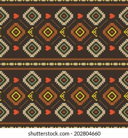 Vector seamless pattern with geometric elements. Knitted ethnic texture on the dark background.