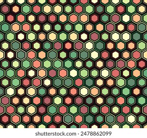 Vector seamless pattern. Geometric elements of varied style and color. Hexagon cells. Tileable pattern. Seamless background. Stylish vector illustration.