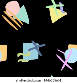 Vector seamless pattern of geometric figures in pastel colours on black background
