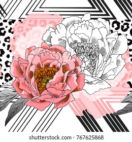 Vector seamless pattern with geometric figures and flowers 