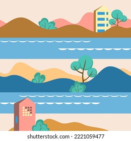 Vector seamless pattern in geometric flat style - city landscape with buildings, hills, bushes and trees