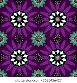 Vector seamless pattern with geometric floral shapes in black, white, green and purple colors. Decorative abstract design for fabric and wallpaper.