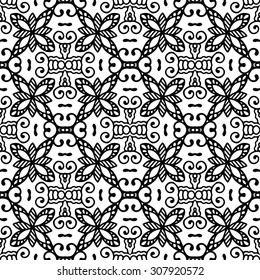 Vector seamless pattern, geometric and floral repeating texture. Tribal ethnic arabic indian ornament. Black and white background.