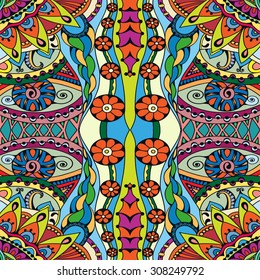 Vector seamless pattern, geometric and floral repeating texture. Tribal ethnic arabic indian ornament. Hand drawn doodle abstract background