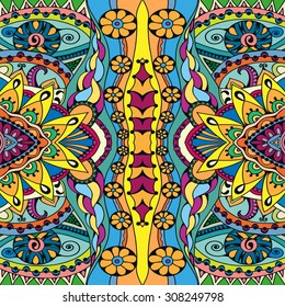 Vector seamless pattern, geometric and floral repeating texture. Tribal ethnic arabic indian ornament. Hand drawn doodle abstract background