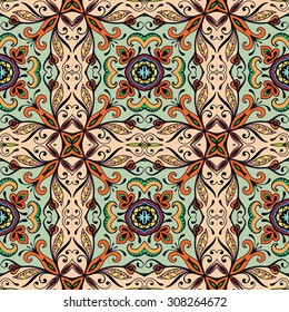 Vector seamless pattern, geometric and floral repeating texture. Tribal ethnic arabic indian ornament. Hand drawn doodle abstract background