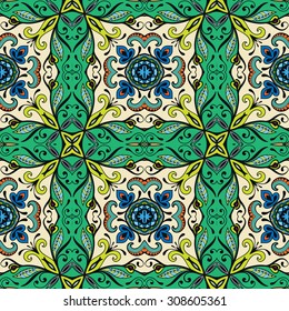 Vector seamless pattern, geometric and floral repeating texture. Tribal ethnic arabic indian ornament. Hand drawn doodle abstract background
